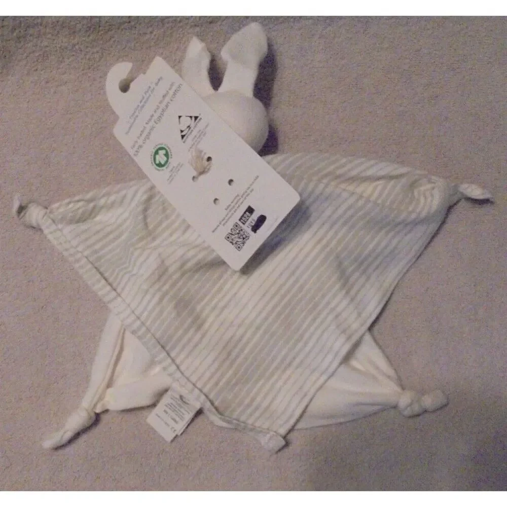 Organic Cotton Blue Bunny Plush Blanket Teething Snuggle Toy Under The Nile Gray